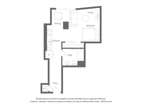 Floor plan for studio, 1 bath, 551 sqft